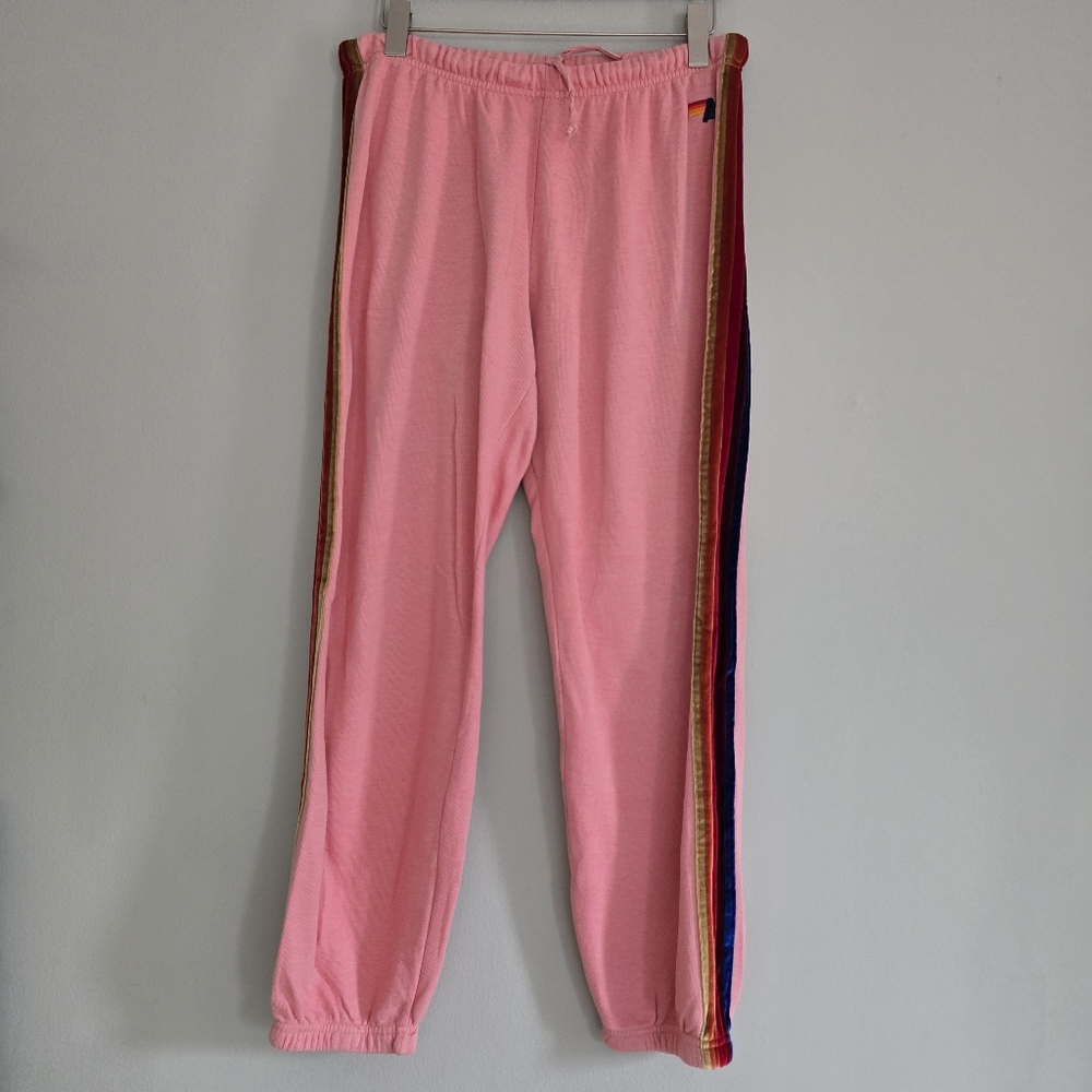 Aviator Nation Pink Joggers, 5 Velour Stripe, XL